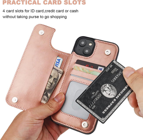 iPhone 14 Plus Wallet Case with Card Holder, PU Leather Kickstand, Double Magnetic Clasp, Durable Shockproof Cover 6.7