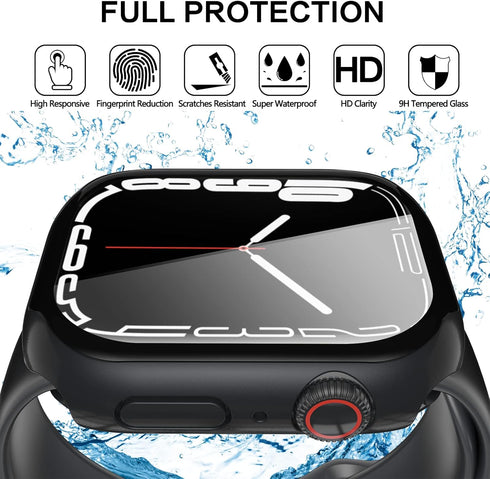 YMHML Waterproof Case for Apple Watch Series 8/7 45mm, Tempered Glass Screen Protector, Full Coverage Protective Cover