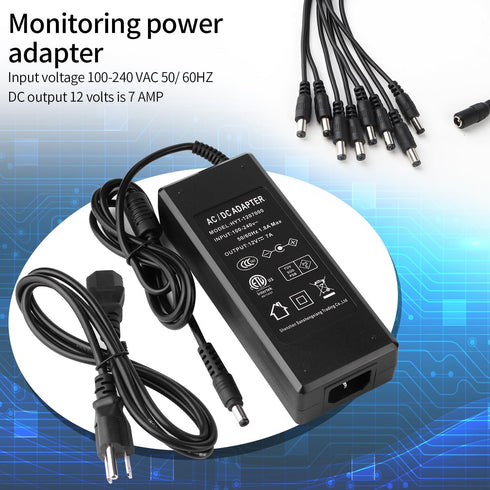 12V 7A CCTV Surveillance Video Power Supply Adapter + 1 to 8 Power Splitter & 110~240V AC 2.1mm Plug for Security Camera