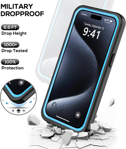for iPhone 15 Pro Case Waterproof 6.1'', Full Protective Dustproof Shockproof Phone Case with Screen Protector (Blue)