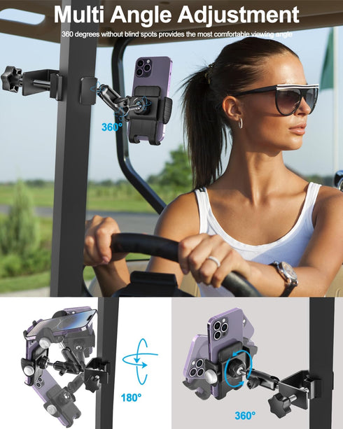 woleyi Golf Cart Phone Holder, 360° Adjustable Phone Mount with Wider Clamp for EZGO/Club Car/Yamaha Accessories