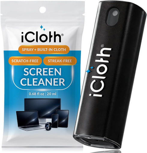 iCloth 2-in-1 Screen Cleaner Spray with Built-in Microfiber Cloth for Laptops, Tablets, Phones,