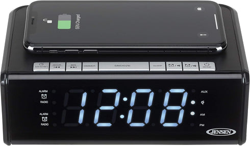 Jensen QiCR-200 Dual Alarm Clock Radio with Qi Charging, White, 9.40in. x 5.00in. x 3.00in.