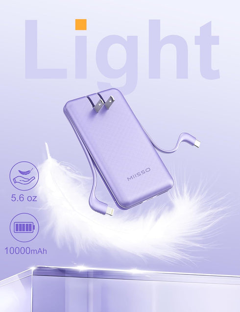 miisso Ultra Slim 10000mAh Power Bank - Built-in Cables, Foldable AC Wall Plug, Pocket Size USB C Portable Charger,