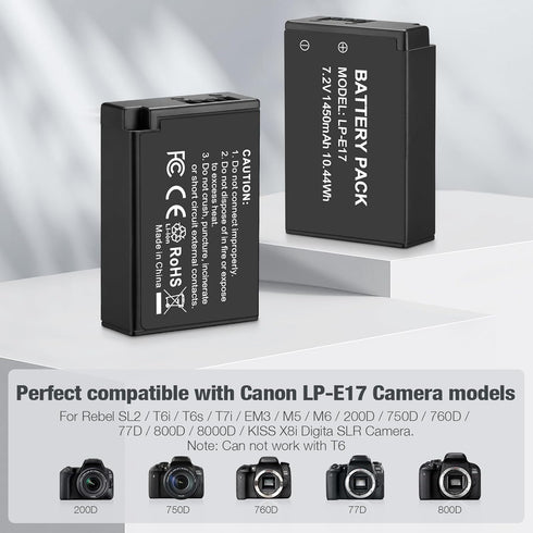LP-E17 Battery Pack + Dual USB Charger for E RP, Rebel T7i, T6i, T6s, M6, M5, M3, SL3, SL2, 77D, 8000D
