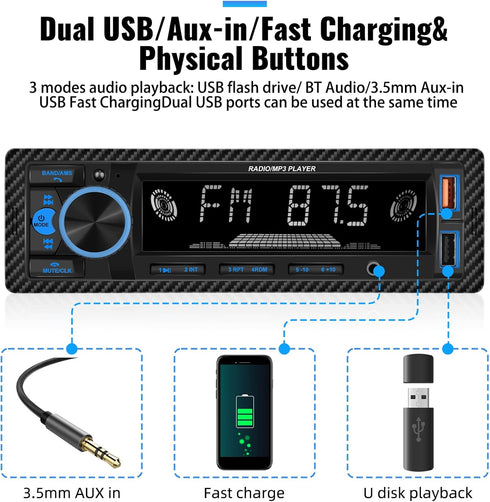 UNITOPSCI Single Din Bluetooth Multimedia Car Stereo Radio, Bluetooth Hands-Free Calling, FM Radio, AUX in/Dual USB