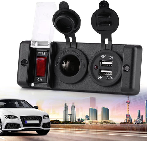12V Waterproof Cigarette Lighter Socket, Dual USB Power Socket Switch Panel for Car RV Marine Boat