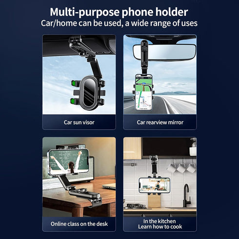 Phone Mount for Car, Rearview Mirror Holder, Rotatable and Retractable for iPhone and Android Smartphones