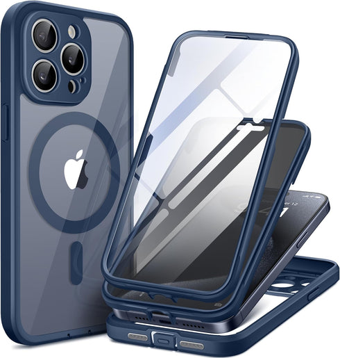 TIESZEN iPhone 15 Pro Max Case - Dark Blue, Dustproof, MagSafe Compatible, 9H Tempered Glass & Privacy Screen