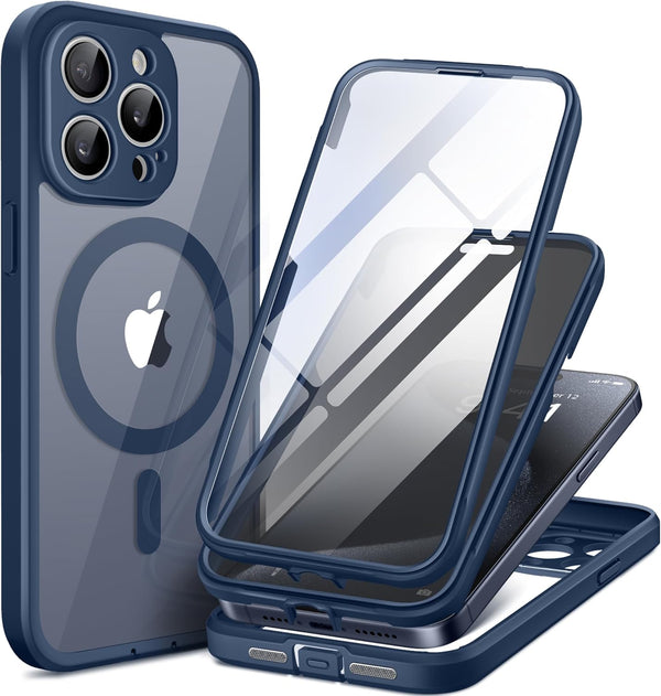 TIESZEN iPhone 15 Pro Max Case - Dark Blue, Dustproof, MagSafe Compatible, 9H Tempered Glass & Privacy Screen