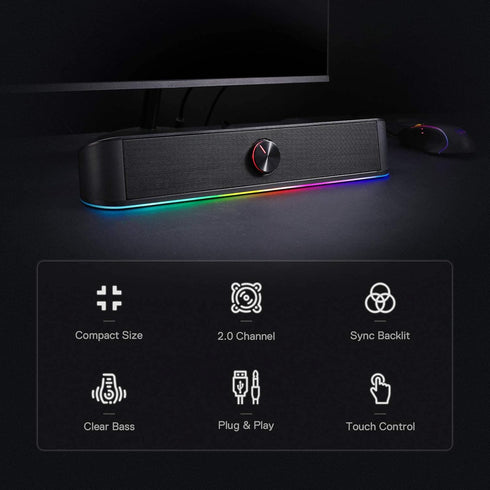 Redragon GS560 RGB Desktop Soundbar, 2.0 Channel Computer Speaker with Dynamic Lighting Bar, Audio-Light Sync/Display,