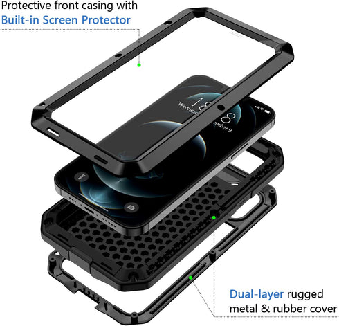 Lanhiem Metal Case for iPhone 12 Pro Max, Heavy Duty Shockproof Rugged Case with Built-in Screen Protector