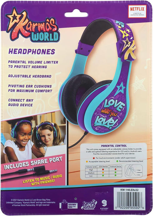 eKids Karmas World Wired Headphones for Kids, Tangle Free Stereo Headphones with Parental Volume Control, 3.5mm Jack