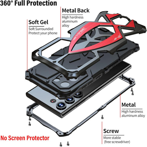 Armor Phone Case for Samsung Galaxy S23 Ultra, Military Grade Drop Protection, Heavy Duty Hybrid Metal Bumper, Black +