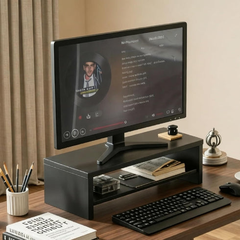 2-Tier 15.7 Inch Wooden Monitor Stand Riser, Desk Shelf with Storage Organizer, Ergonomic Computer Stand, Storage