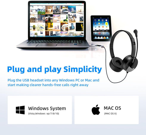 USB Headset with Microphone for PC, 3.5mm Jack 2 in 1 Wired Stereo Headphone with Volume Control