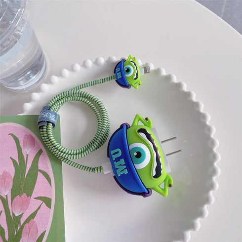 3D Cute Cartoon Charger Protector Case for Apple 20W USB-C Power Adapter and Lightning Cable (Green Hat Mike)