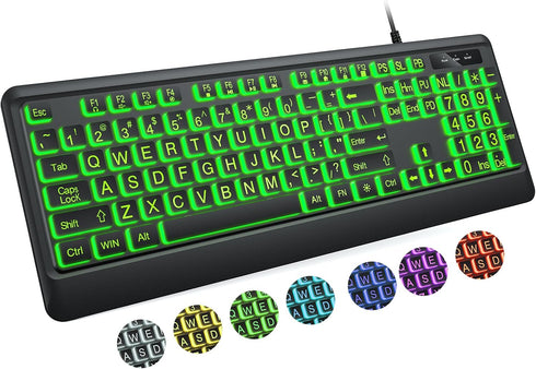 Large Print Keyboard - 7 Interchangeable Backlight Colors, Light Up USB Wired Computer Keyboards, USB Plug-and-Play,