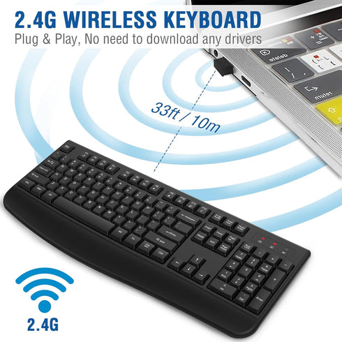EDJO Wireless Keyboard, 2.4G Ergonomic Full Size Wireless Computer Keyboard with Wrist Rest for Windows, Mac OS