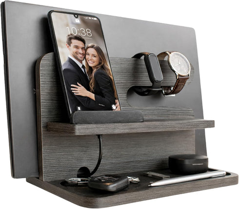 Namore Bedside Valet Tray Organizer for Men Wood Phone Docking Station with Tablet