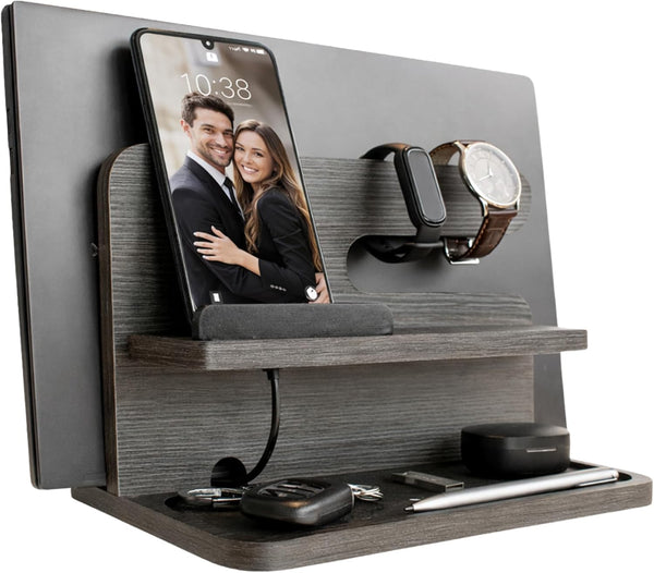 Namore Bedside Valet Tray Organizer for Men Wood Phone Docking Station with Tablet
