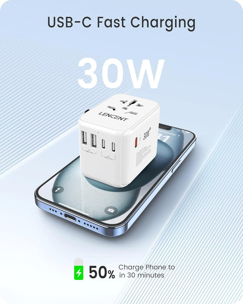 LENCENT Universal Travel Adapter, GaN III 30W International Charger with 2 USB & 3 Type-C Ports