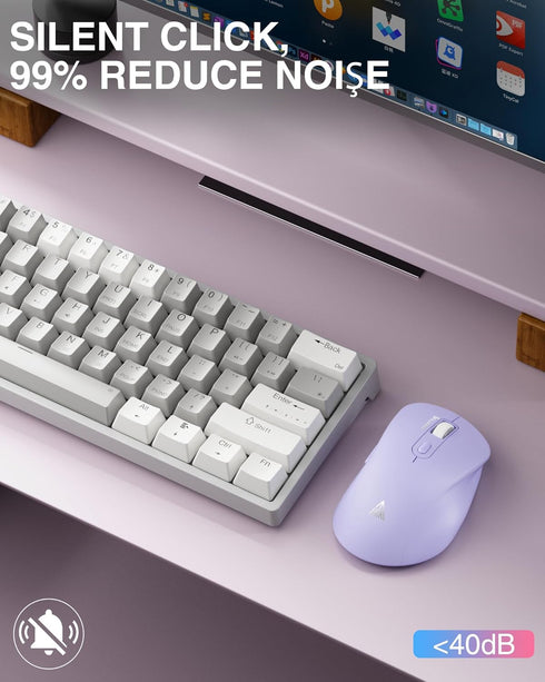 SM66 Purple Wireless Mouse for Laptop - Silent Dual Mode, Adjustable 4800 DPI, Rechargeable Bluetooth & Wireless