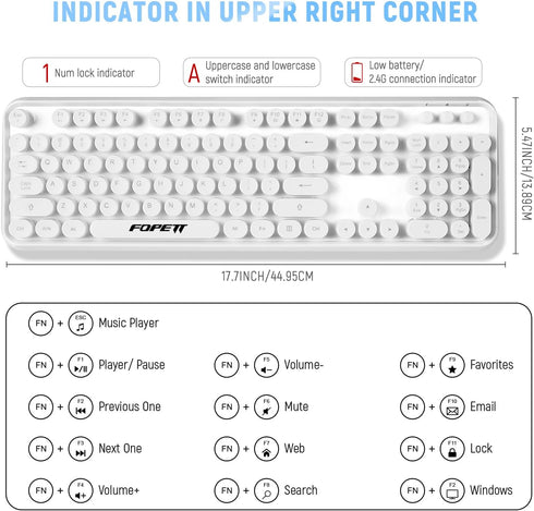 FOPETT Wireless Keyboard and Mouse Combo, 2.4G Full-Sized White Keyboard with Round Keycaps for Laptop/PC