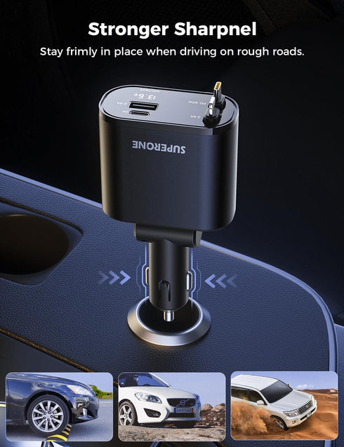 ?Upgraded? SUPERONE 4 in 1 Retractable Car Charger, Fast Car Phone Charger with 2.6ft Cord, USB C and Apple Adapter,