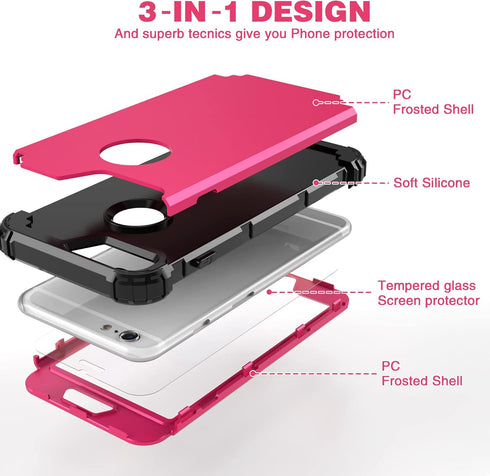 IDweel Case for iPhone 6S Plus with Tempered Glass Screen Protector, 3 in 1 Shockproof Hybrid Cover, Rose Red