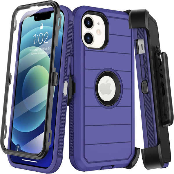 iPhone 12 & 12 Pro Case - Heavy Duty Rugged Cover with Belt Clip, Built-in Screen Protector, Kickstand (Deep Blue)