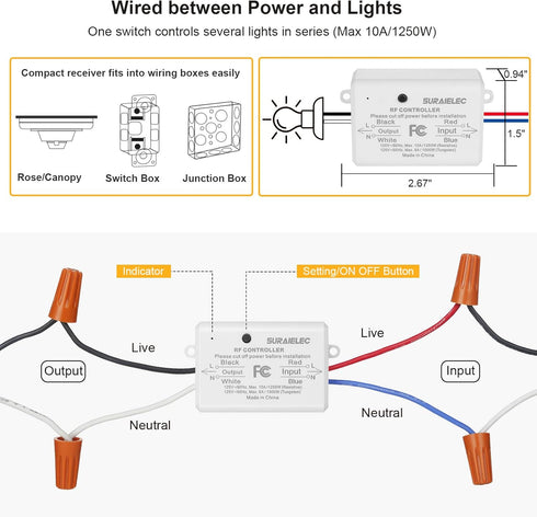 Suraielec Single Wireless Receiver Kit Accessory (Receiver Only, Remote Sold Separately), Programmable and Expandable