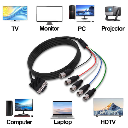 CybNemo 5BNC 15 5 -1.5M/5FT VGA to Video Signal Cable HD VGA Male to BNC Female RGBHV Coaxial Monitor Breakout Cord