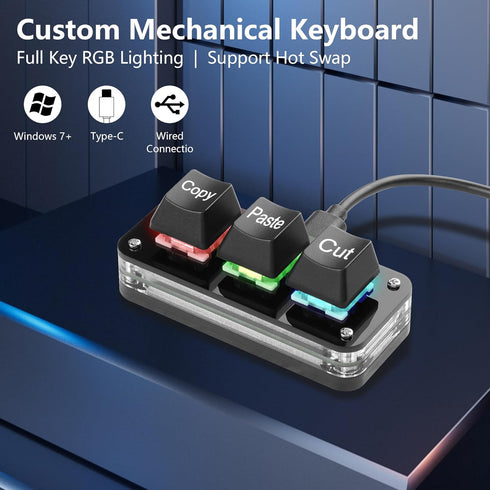 SinLoon Mini 3-Key Cut Copy Paste Keyboard Programmable Keypads with LED Light Mechanical Hot Swap Macro Keyboard for Working and Gaming