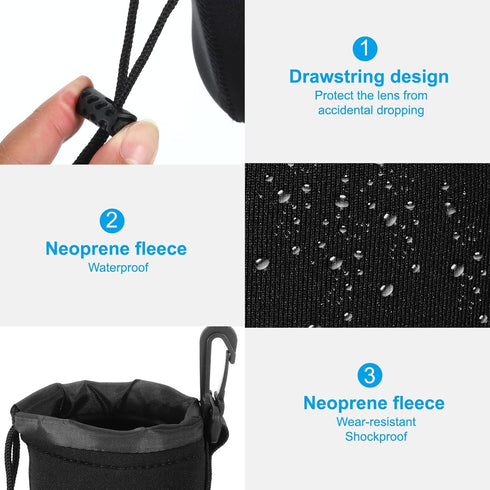PATIKIL Camera Lens Bag, 3 Pcs 3.1" ID x 3.9" H Drawstring Lens Pouch with Thick Neoprene, Lens Case for DSLR, Black