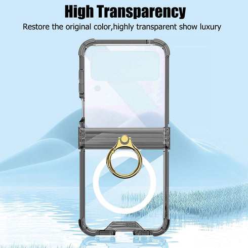Slim Fit Transparent Hard PC Shockproof Cover for Samsung Galaxy Z Flip 4, with Ring Holder and Hinge Protection (Black)