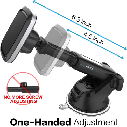 1Zero Magnetic Phone Car Mount with Quick Extension Telescopic Arm, Hands-Free Windshield Dashboard Cell Phone Holder for Car Compatible with iPhone Smartphone, Sticky Suction Cup, 6 Strong Magnets