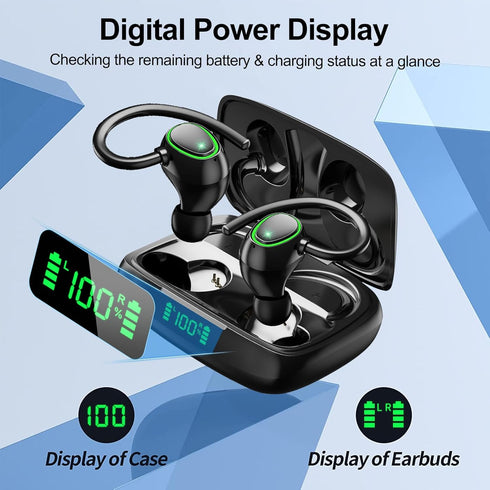 Bluetooth Wireless Headphones with 60hrs Playback, IPX6 Waterproof, Stereo Bass, Earhooks, LED Display