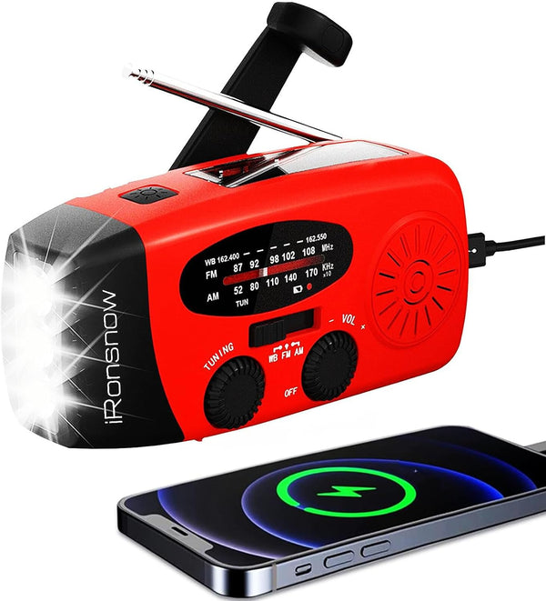 Solar Emergency Hand Crank Weather Radio, Portable NOAA AM/FM Radios with SOS Alarm, Red
