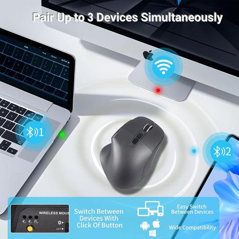 Ergonomic Bluetooth Vertical Wireless Mouse, LED Rechargeable Optical Mice, Dual Mode 1000/1600/2400 DPI, 8 Buttons