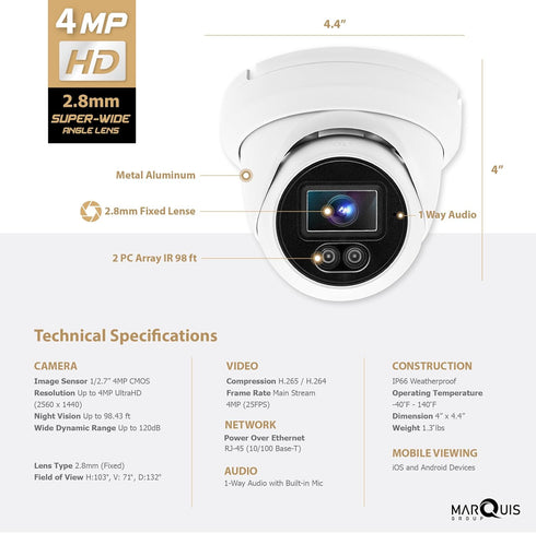 Hikvision/Uniview Compatible 4MP PoE IP Turret Dome Camera with Microphone, IP Security Camera Outdoor Rated,