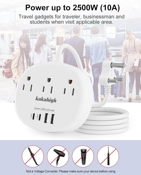 India to US Plug Adapter, 3 American Outlets & 4 USB Ports (2 USB-C), 24W Type D Travel Adapter for USA to India