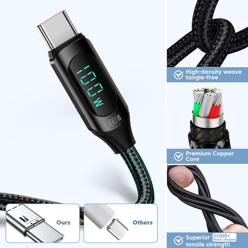 USB C to USB C Cable 100W Fast Charging Type C Charge Cable with LED Display, 480Mbps Nylon Braided for MacBook
