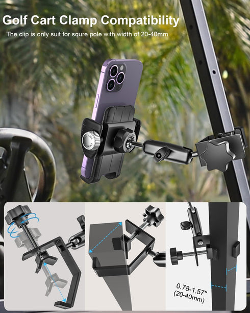 woleyi Golf Cart Phone Holder, 360° Adjustable Phone Mount with Wider Clamp for EZGO/Club Car/Yamaha Accessories