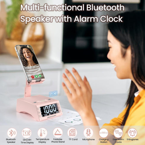 JTEMAN Gifts for Men Women: Cell Phone Stand with Wireless Bluetooth Speaker, Adjustable Cool Tech Gadget, Pink