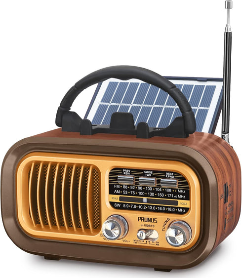 PRUNUS J-150 Bluetooth Retro Vintage Radio, Portable AM FM Transistor Radio, Solar/Battery Operated, TWS