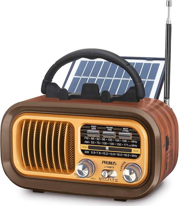 PRUNUS J-150 Bluetooth Retro Vintage Radio, Portable AM FM Transistor Radio, Solar/Battery Operated, TWS