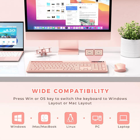 Wireless Keyboard and Mouse for MacBook - Vivefox Pink Wireless Keyboard with Phone Holder and USB Receiver