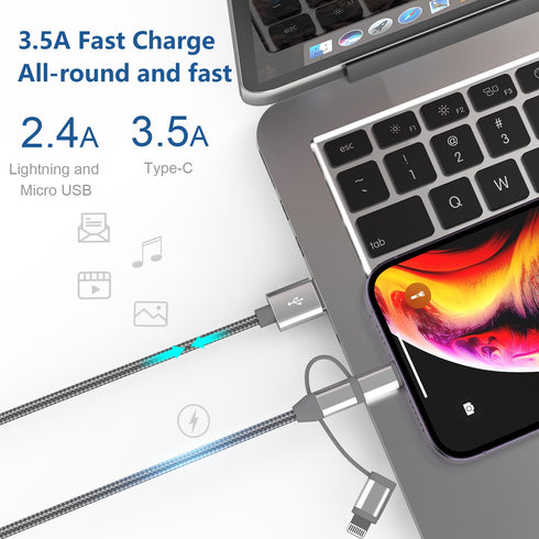 Apple MFi Certified 3.4ft 3-in-1 Charging Cord Adapter for iPhone 15/14, iPad, Samsung Galaxy, Huawei, and more.