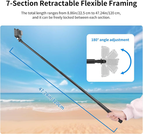 Mechrig 47" (8.8"-47.2") 360 13/12/11/10, Insta360 X5/X4/X3, 3 YD013 Invisible Selfie Stick for Action Cameras